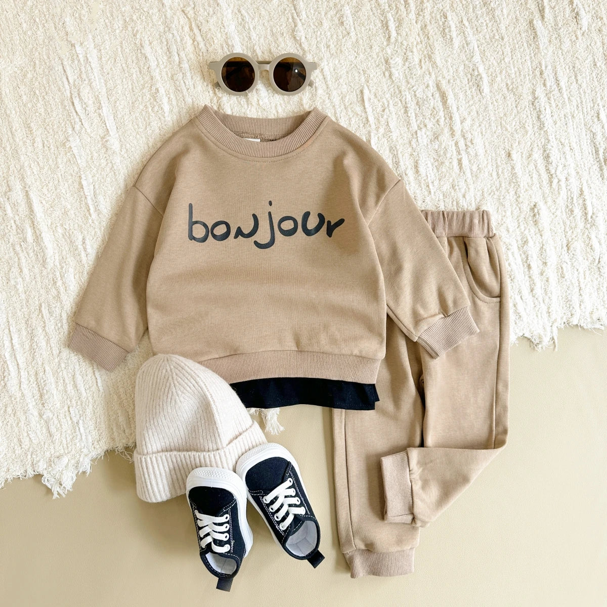 Baby Boy Clothes Set "BONJOUR" Letter Sweatshirt Hoodie+Pant