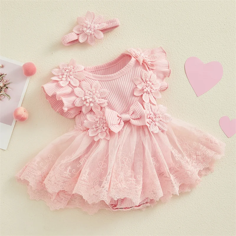 3D Flower Summer Baby Girls Romper Princess Mesh Newborn Clothes