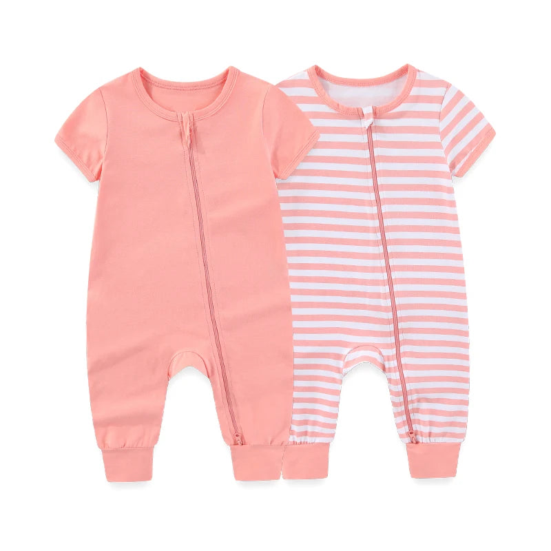 Unisex Solid Short Sleeve Zipper Baby Boy Girl Romper Cotton Soft Newborn Jumpsuits