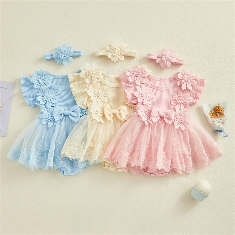 3D Flower Summer Baby Girls Romper Princess Mesh Newborn Clothes