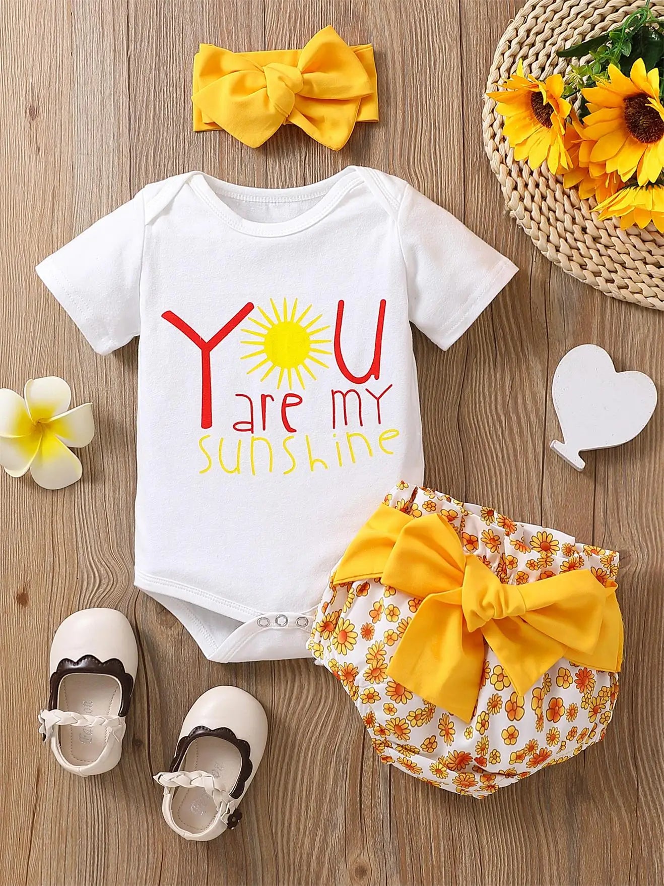 Newborn Baby Summer Letter Short Sleeved Climbing Suit+Little Daisy Wrap