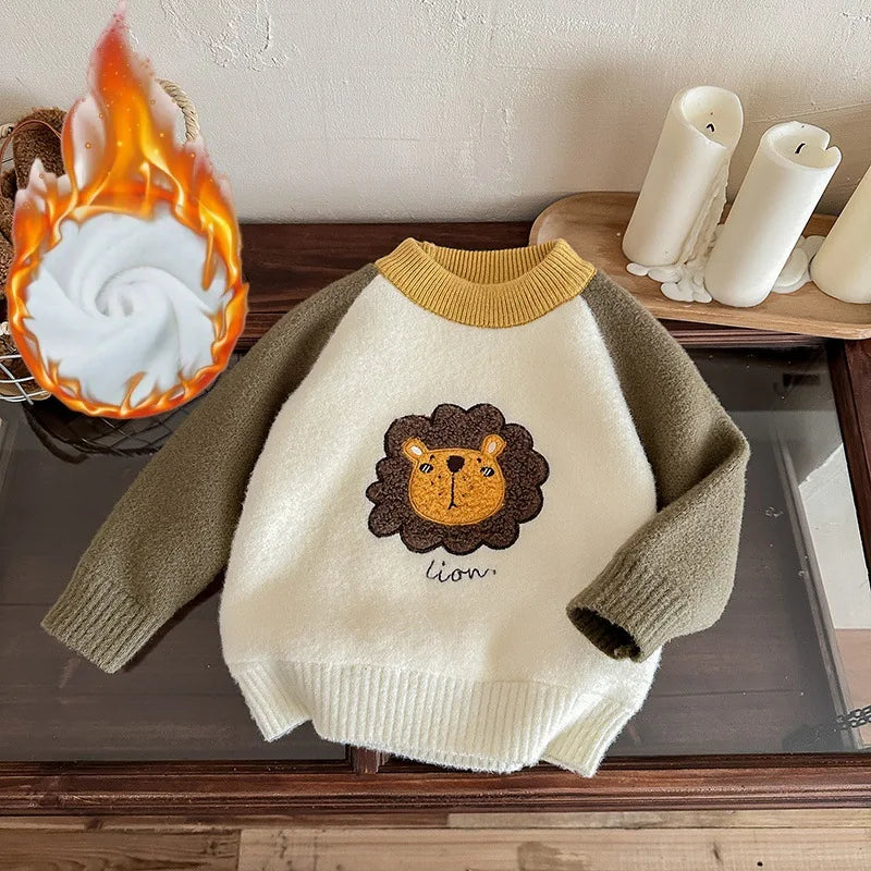 Children Boys Sweater Loose Lion Printed Thicken Infant