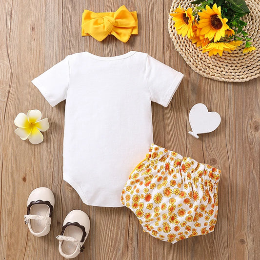 Newborn Baby Summer Letter Short Sleeved Climbing Suit+Little Daisy Wrap