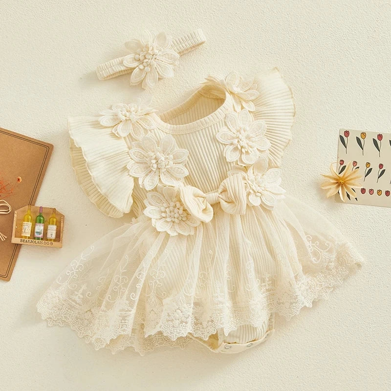 3D Flower Summer Baby Girls Romper Princess Mesh Newborn Clothes