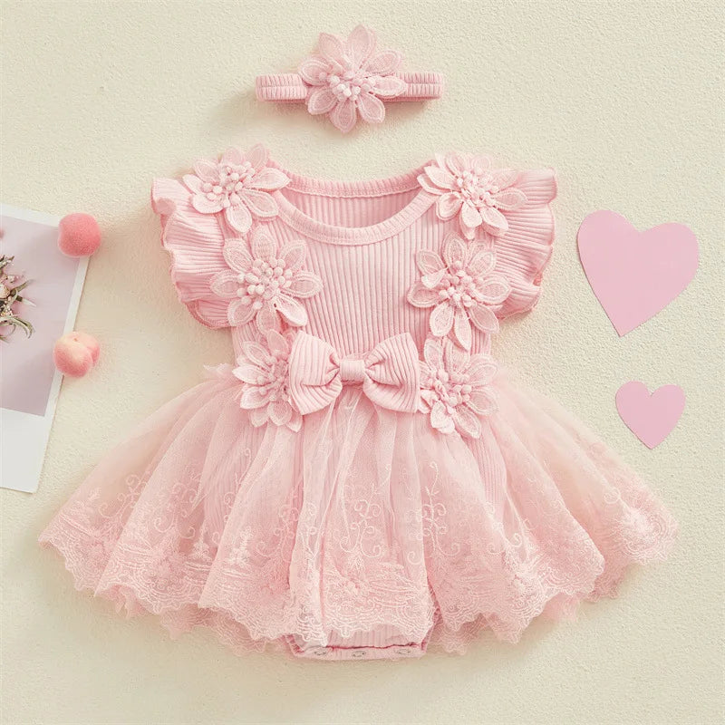 3D Flower Summer Baby Girls Romper Princess Mesh Newborn Clothes