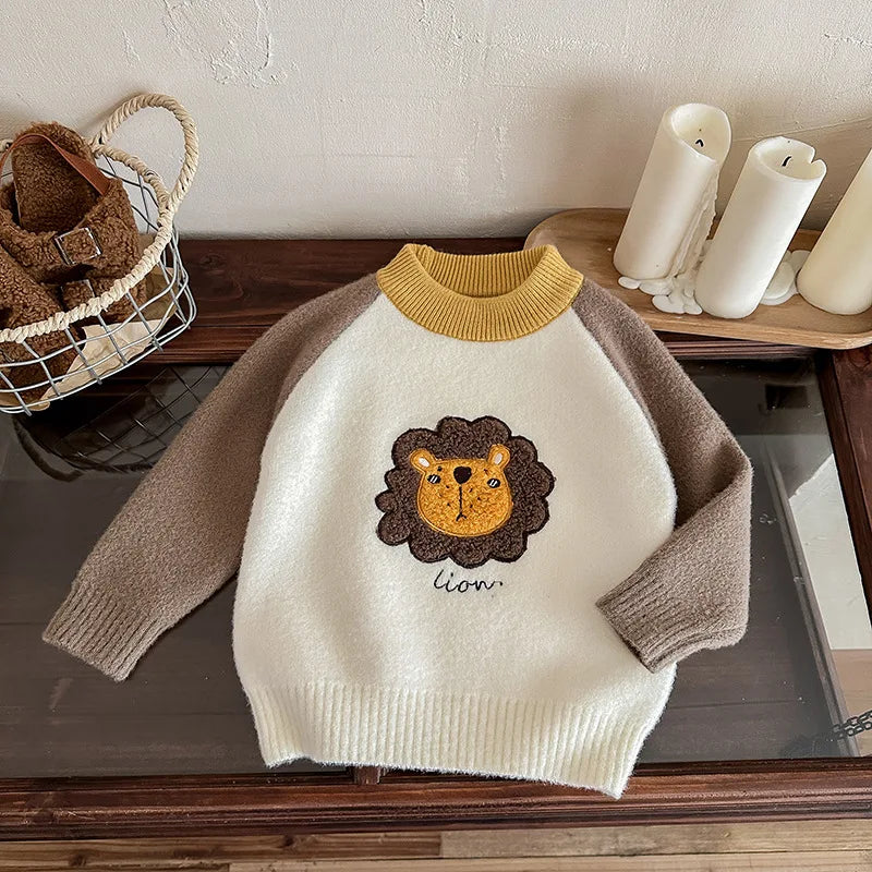 Children Boys Sweater Loose Lion Printed Thicken Infant