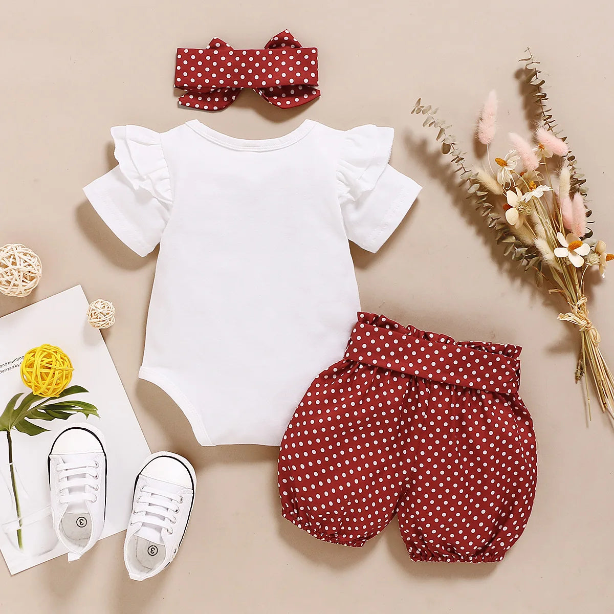 Newborn Baby girl Set Printed Short sleeved Polka Dot elastic tied bow