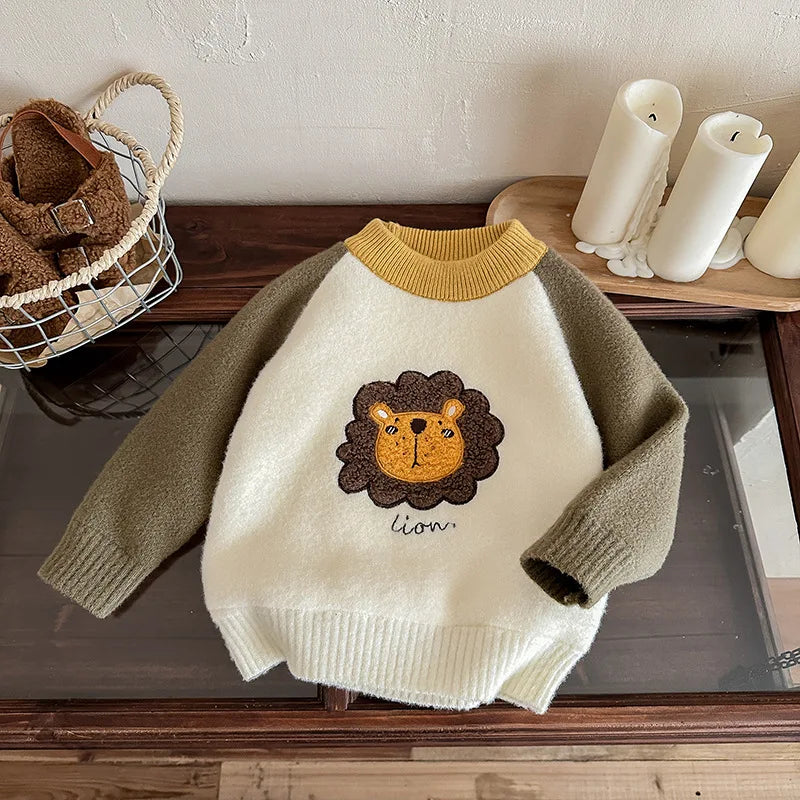 Children Boys Sweater Loose Lion Printed Thicken Infant