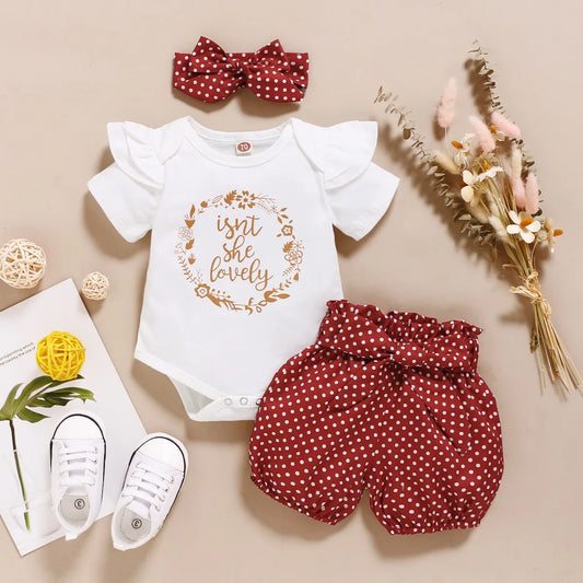 Newborn Baby girl Set Printed Short sleeved Polka Dot elastic tied bow