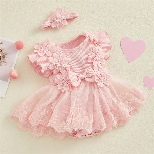 3D Flower Summer Baby Girls Romper Princess Mesh Newborn Clothes