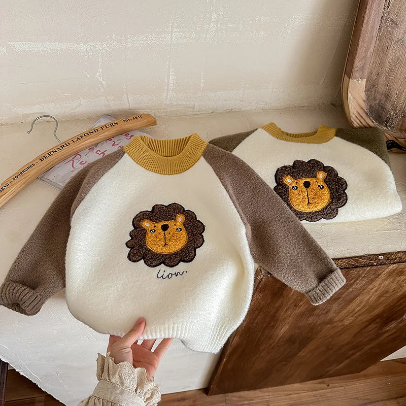 Children Boys Sweater Loose Lion Printed Thicken Infant