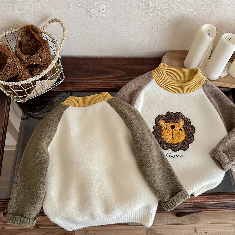 Children Boys Sweater Loose Lion Printed Thicken Infant