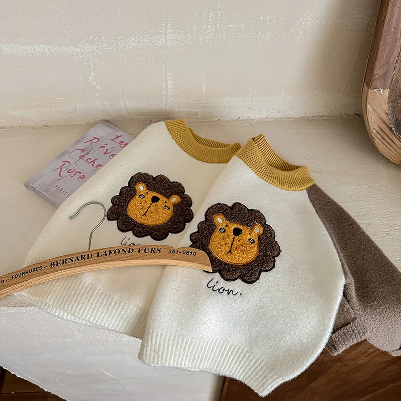 Children Boys Sweater Loose Lion Printed Thicken Infant