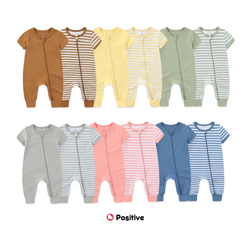 Unisex Solid Short Sleeve Zipper Baby Boy Girl Romper Cotton Soft Newborn Jumpsuits
