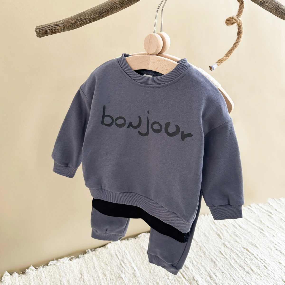 Baby Boy Clothes Set "BONJOUR" Letter Sweatshirt Hoodie+Pant