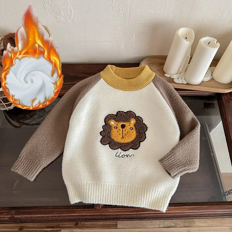 Children Boys Sweater Loose Lion Printed Thicken Infant
