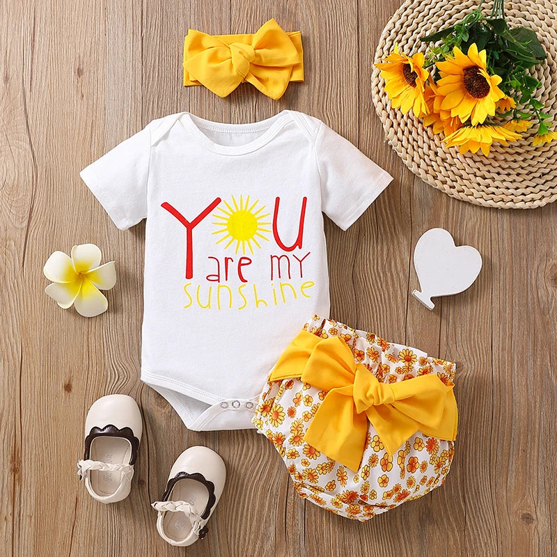 Newborn Baby Summer Letter Short Sleeved Climbing Suit+Little Daisy Wrap