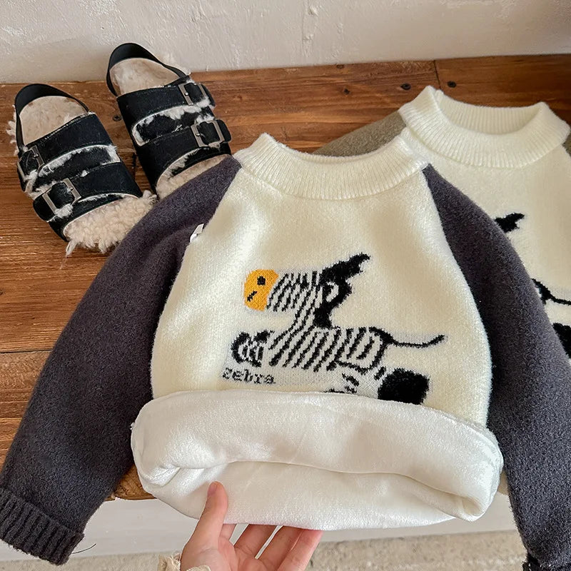 Children Boys Sweater Loose Lion Printed Thicken Infant