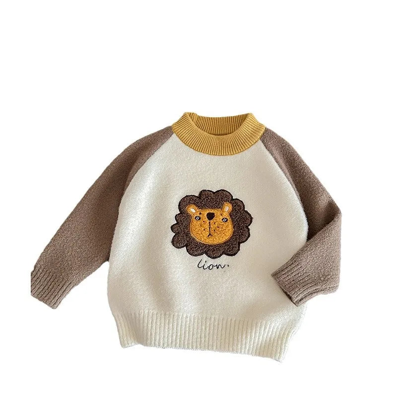 Children Boys Sweater Loose Lion Printed Thicken Infant