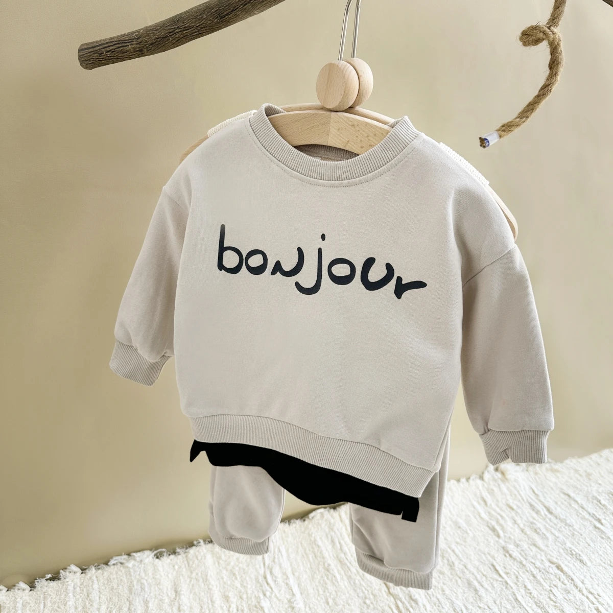 Baby Boy Clothes Set "BONJOUR" Letter Sweatshirt Hoodie+Pant