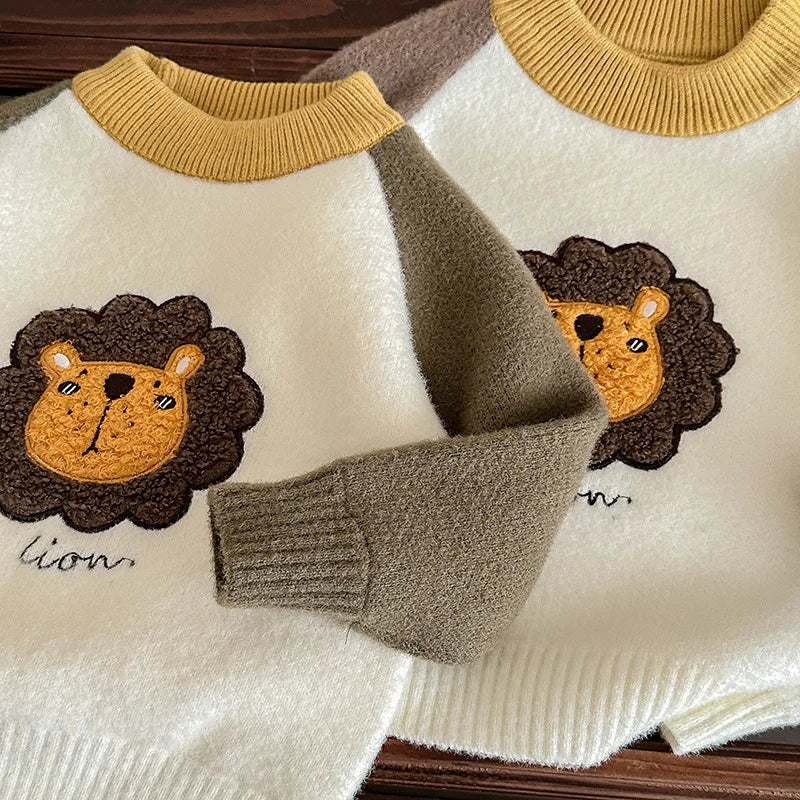 Children Boys Sweater Loose Lion Printed Thicken Infant