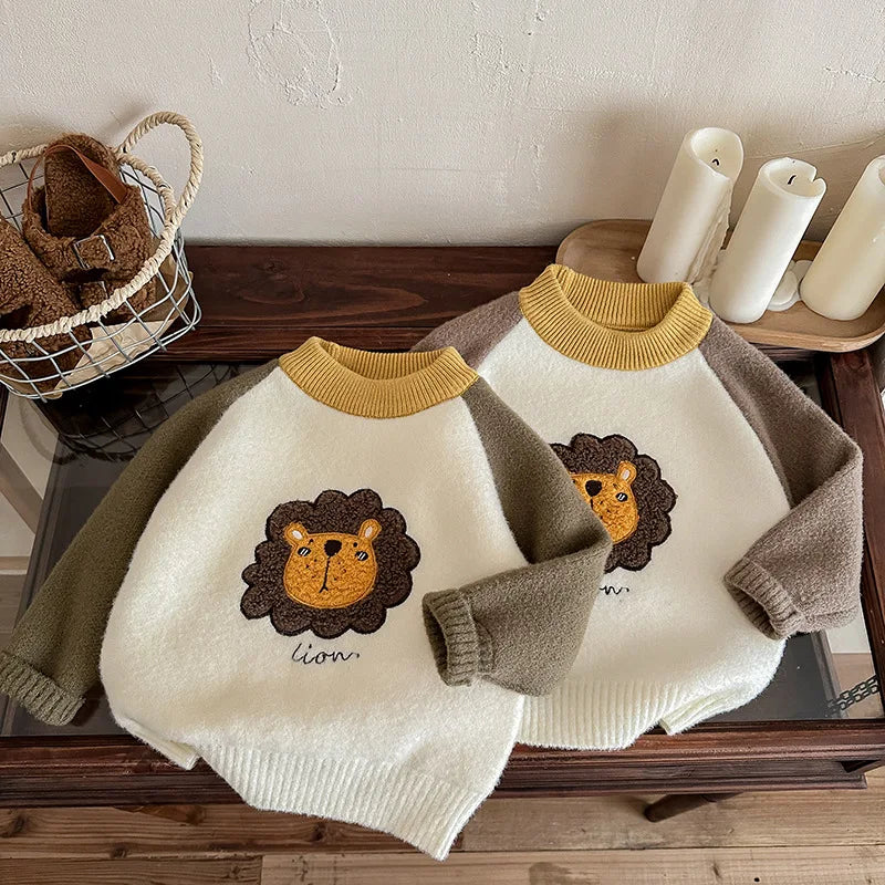 Children Boys Sweater Loose Lion Printed Thicken Infant