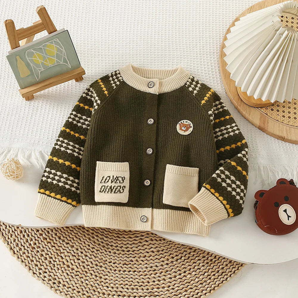 Autumn Kids Boys Cardigan Cartoon Spliced Long Sleeve