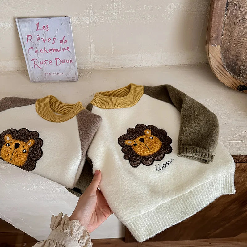 Children Boys Sweater Loose Lion Printed Thicken Infant