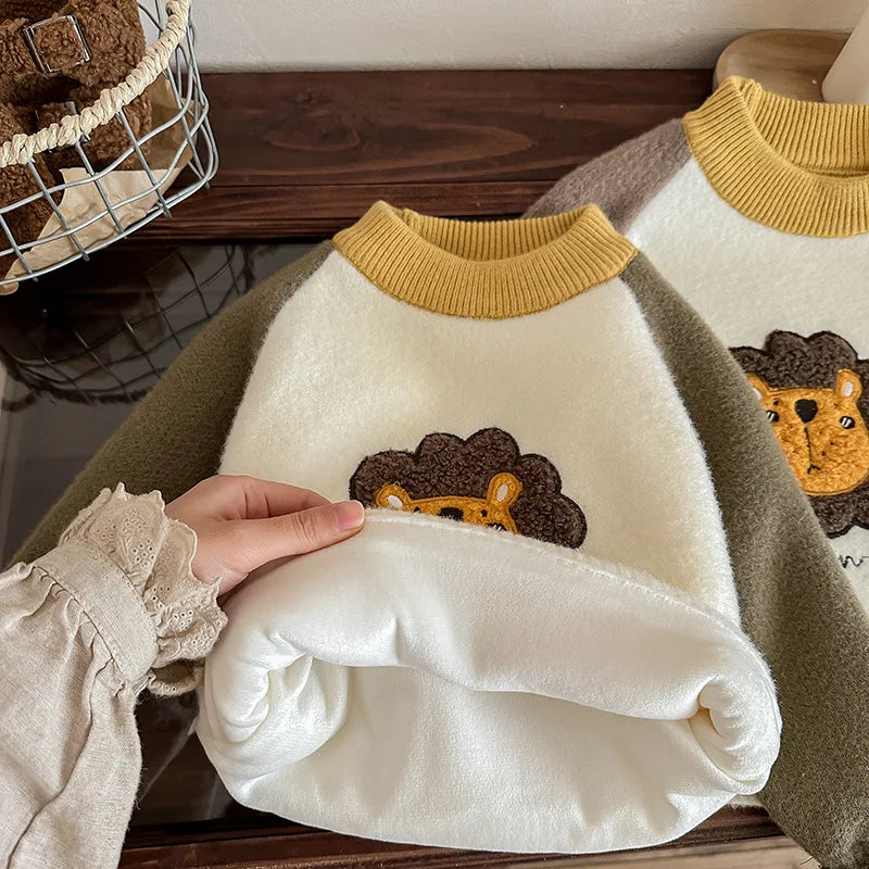 Children Boys Sweater Loose Lion Printed Thicken Infant